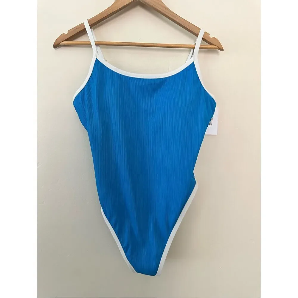 🌸 Shade and Shore Blue and White Ribbed Strappy Back Swimsuit Size Large